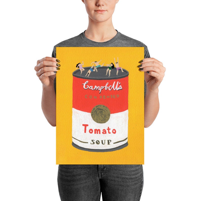May include: A yellow background with a red and white Campbell's soup can. The can has the text "Campbell's Condensed Tomato Soup". There are small figures of people in bathing suits on top of the can.