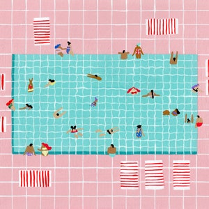 Art print of original Gouache painting by Helo Birdie "Pink Tiles" - wall decor - personalized gift - swimming pool poster - minimalist