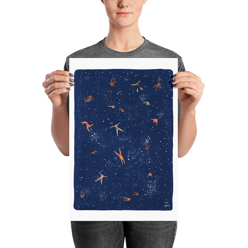 Sky Swim Art print of original painting by Helo Birdie stars night whimsical swimmers swimming poster wall art decor image 4