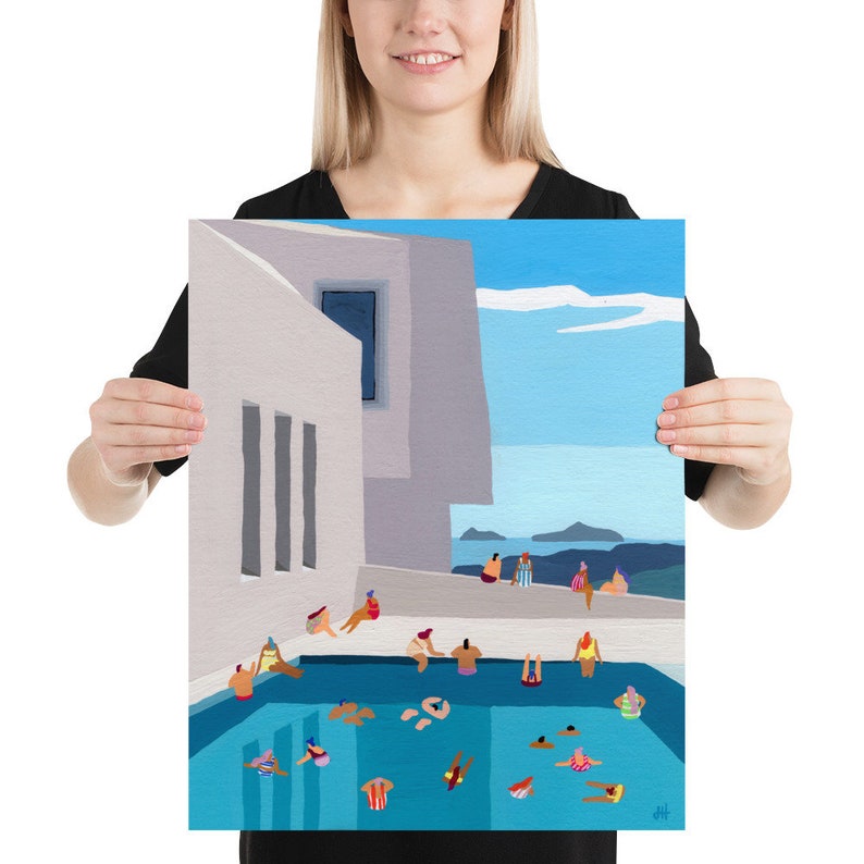 Art print of original gouache painting Modern Views swimming pool building colorful whimsical architecture modern image 5