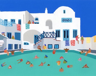 Art print of original painting "When in Santorini" by Helo Birdie - wall decor - personalized gift - swimming poster - architecture