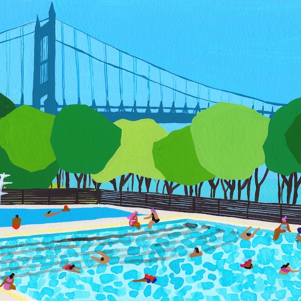 Impresión artística de la acuarela original "Piscina del Parque Astoria" - Decoración de pared - Nueva York - NYC -