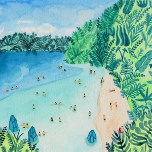 Art print of original watercolor painting "Paradise" by Helo Birdie - beach print - travel prints - tropical wall art - swimming - summer