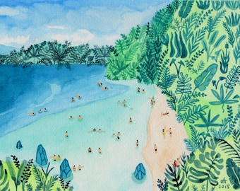 Art print of original watercolor painting "Paradise" by Helo Birdie - beach print - travel prints - tropical wall art - swimming - summer