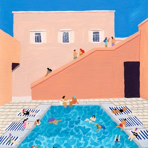 Art print of original painting &quot;Gathering&quot; by Helo Birdie - swimming pool wall art decor - travel poster - poolside - architecture - summer