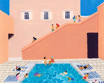 Art print of original painting "Gathering" by Helo Birdie - swimming pool wall art decor - travel poster - poolside - architecture - summer