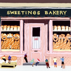 Sweetings Bakery - Art print of original painting by Helo Birdie - Wes Anderson - movie - stop motion animation - building - architecture -