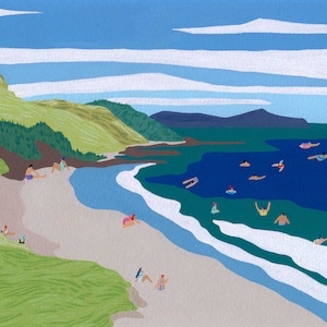 Art print of original Gouache painting by Helo Birdie - "Mangawhai beach" by Helo Birdie - wall decor - personalized gift - New Zealand art