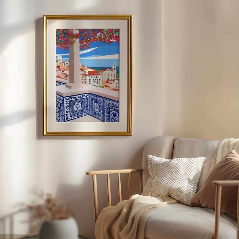 May include: A framed illustration of a balcony overlooking a cityscape with a blue tiled floor and a flowering tree in the foreground.