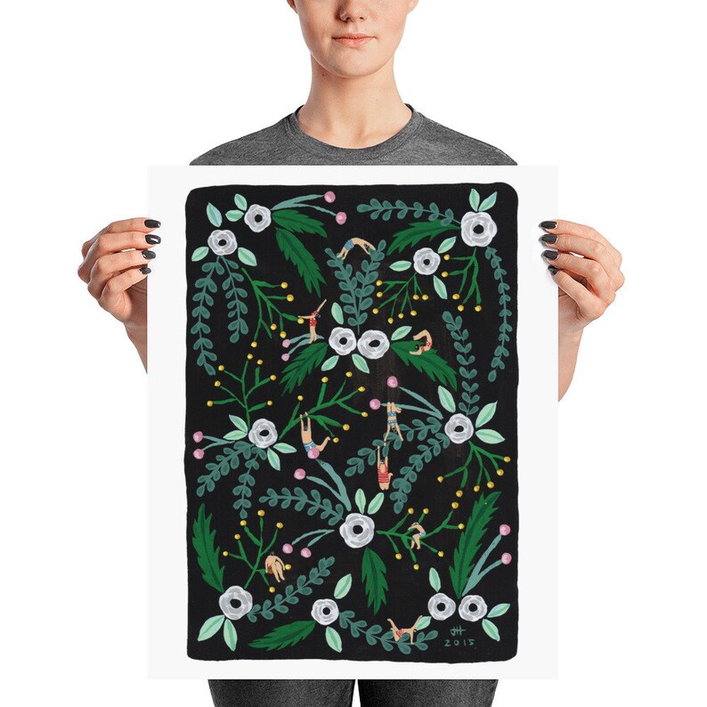 Black floral Art print of original painting by Helo Birdie Whimsical art deco vintage style flowers image 5