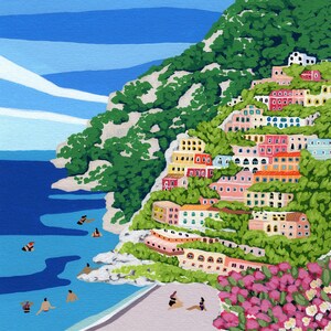 Beach art print with colorful flowers and bright houses and pink and green flowers on a mountainside hill with bright blue sky and little people on the shore and swimming in the bluey green water ocean sea. Calming and whimsical image of visitors to Positano village in Italy Europe.