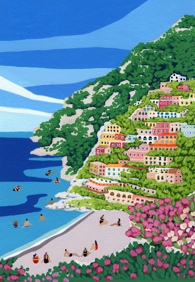 Beach art print with colorful flowers and bright houses and pink and green flowers on a mountainside hill with bright blue sky and little people on the shore and swimming in the bluey green water ocean sea. Calming and whimsical image of visitors to Positano village in Italy Europe.