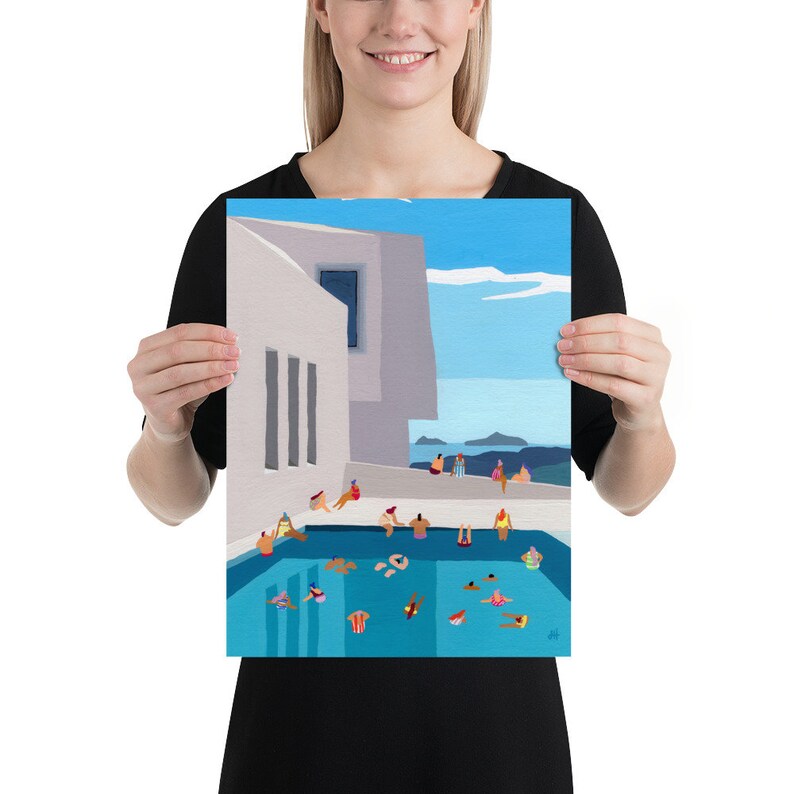 Art print of original gouache painting Modern Views swimming pool building colorful whimsical architecture modern image 3