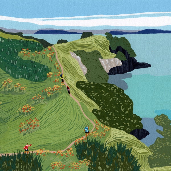 Art print of original gouache painting "Waiheke Coastal trail" by Helo Birdie - waiheke island - new zealand beach - nz art - coastal decor