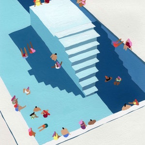 Art Print of original painting &quot;Meet Up&quot; by Helo Birdie - swimming pool - santorini - wall art decor - poolside - swimmer - whimsical