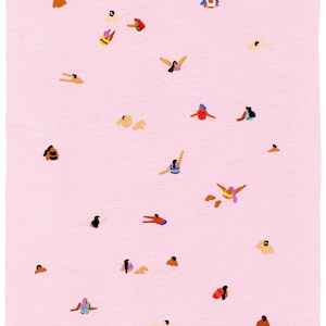 Art print of original painting &quot;Pink&quot; by Helo Birdie - swimming pool - whimsical - summer - swim - swimmers - colorful - beach wall art