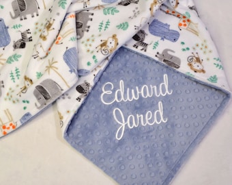 Personalized Minky Baby Blanket, Jungle Minky, Denim Minky Dimple Dot, Custom Baby Blanket, Monogrammed Blanket, Jungle Baby Blanket