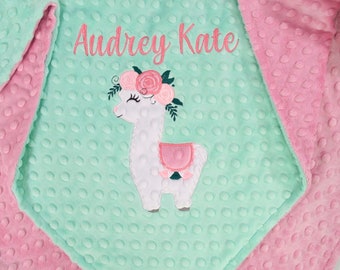 Personalized Floral Llama Minky Baby Blanket