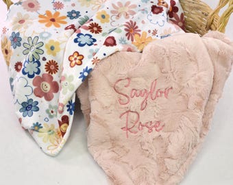 Personalized Floral Minky Baby Blanket, Retro Girl Shower Gift
