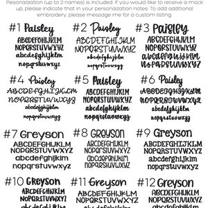 May include: A chart showing 12 different embroidery font options for personalization. The fonts are labeled with numbers 1 through 12 and the names "Paisley" and "Greyson". The chart includes uppercase and lowercase letters, numbers, and punctuation marks.
