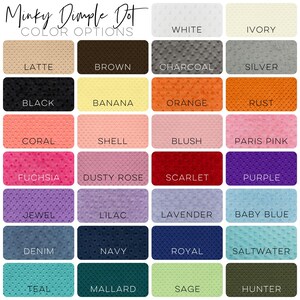 Peut inclure: Un nuancier pr&eacute;sentant 24 couleurs diff&eacute;rentes de tissu minky avec une texture &agrave; pois en relief. Les couleurs sont dispos&eacute;es en quatre rang&eacute;es de six couleurs chacune. Les couleurs sont : blanc, ivoire, latte, marron, anthracite, argent, noir, banane, orange, rouille, corail, coquille, rose poudr&eacute;, rose p&acirc;le, fuchsia, rose poudr&eacute;, &eacute;carlate, violet, bijou, lilas, lavande, bleu b&eacute;b&eacute;, denim, marine, bleu roi, eau de mer, sarcelle, canard colvert, sauge et chasseur.