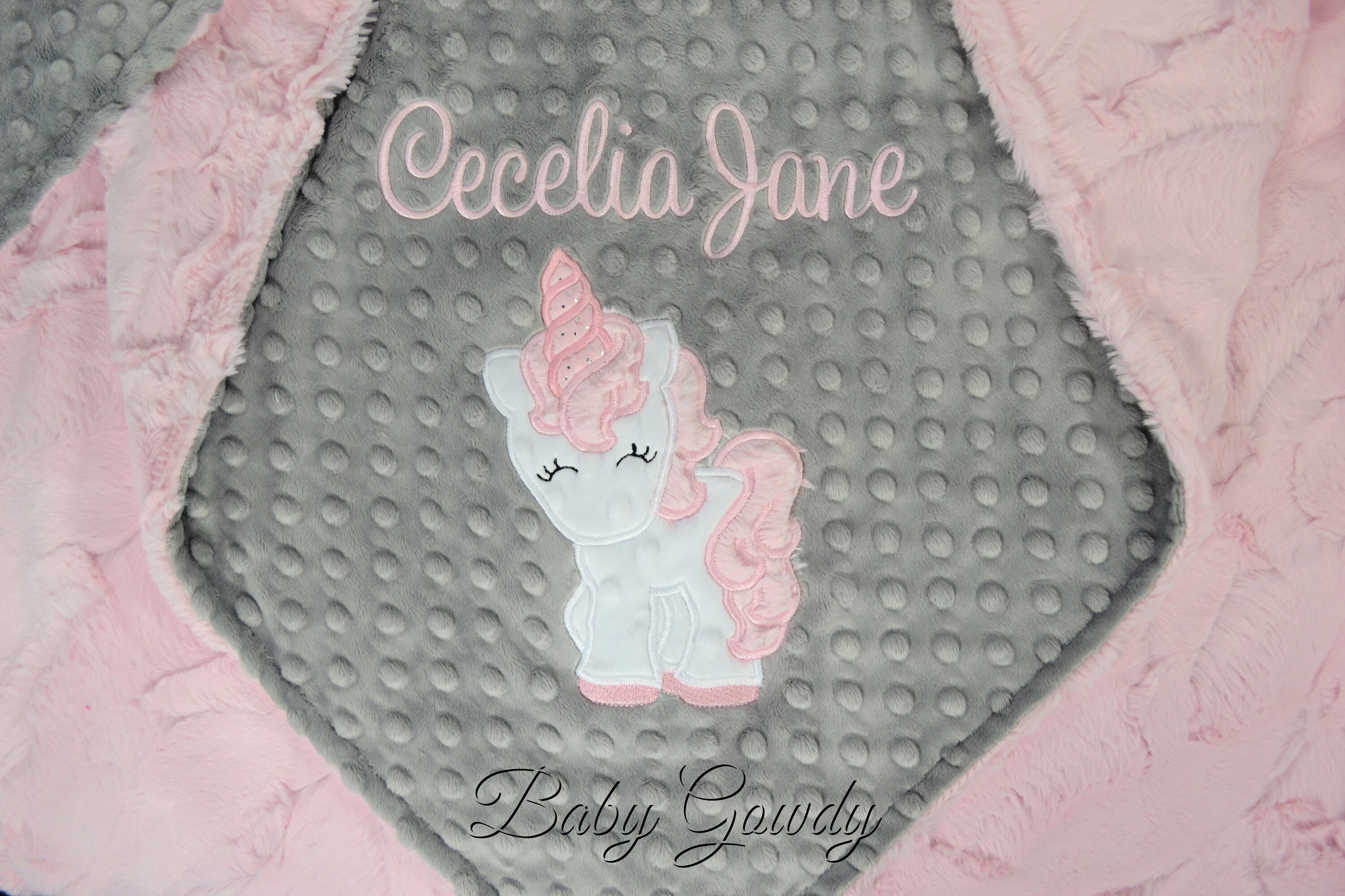 Unicorn Minky Blanket Unicorn Baby Blanket Personalized Minky Blanket Embroidered Blanket Blush Hide Luxe Minky Silver Minky Dot