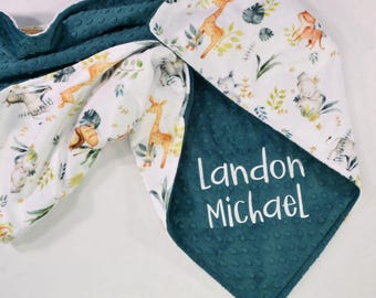 Safari Babies Minky Baby Blanket, Jungle Animals Personalized Keepsake, Newborn Gift