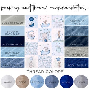 May include: A chart showing different backing and thread color options for a baby blanket. The backing options include smooth silver, smooth baby blue, smooth navy, baby blue dimple, denim dimple, baby blue hide, jeans hide, navy hide, silver dimple, and royal dimple. The thread color options include white, beige, baby blue, denim, royal, and silver.