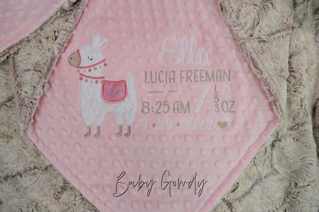 Birth Stat Baby Blanket Llama Minky Blanket Pink Llama Baby Etsy