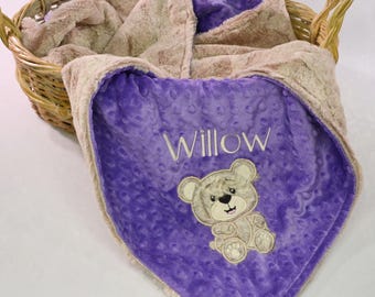 Baby Girl Personalized Teddy Bear Minky Baby Blanket, Baby Shower Gift, Newborn Keepsake