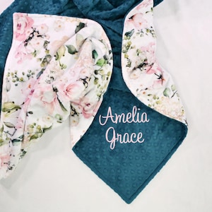 Something Pink Personalized Minky Baby Blanket, Floral Baby Shower Gift, Newborn Keepsake