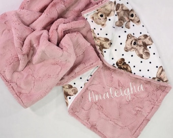 Teddy Bear Minky Baby Blanket, Personalized Baby Blanket, Teddy Bear Minky Blanket, Baby Girl Personalized Gift