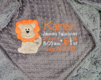 Lion Birth Stat Minky Baby Blanket Keepsake