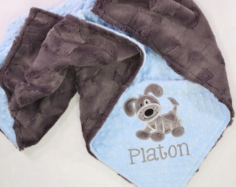 Puppy Minky Baby Blanket, Dog Applique Blanket, Personalized Dot Baby Blanket, Puppy Minky Crib Blanket