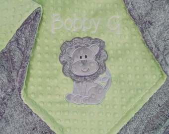 Personalized Lion Minky Baby Blanket, Sage Green and Grey Lion Blanket