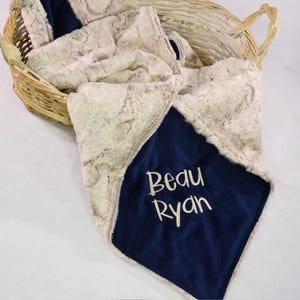 Navy Blue and Tan Personalized Minky Blanket, Plush Minky Blanket for Babies, Kids and Adults