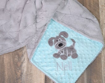 Comfy Puppy Blanket, Personalized Dot Baby Blanket, Dog Applique Blanket, Minky Crib Blanket, Monogrammed Blanket, Puppy Minky Blanket