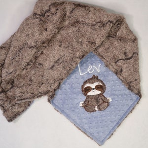 Blue Sloth Minky Baby Blanket, Sloth Baby Shower Gift, Boy Minky Baby Blanket, Sloth Crib Blanket, Personalized Baby Gift