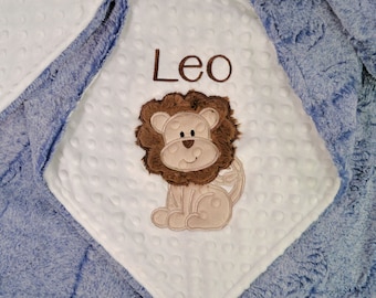 Blue and White Lion Minky Baby Blanket, Personalized Lion Minky Blanket for Babies, Kids and Adults