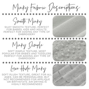 Peut inclure: Un tableau pr&eacute;sentant trois types de tissu minky diff&eacute;rents&nbsp;: Minky lisse, Minky &agrave; fossettes et Minky Luxe Hide. Chaque type de tissu est accompagn&eacute; d&rsquo;une description de sa texture et de ses utilisations. Le tableau comprend &eacute;galement un &eacute;chantillon de chaque tissu.