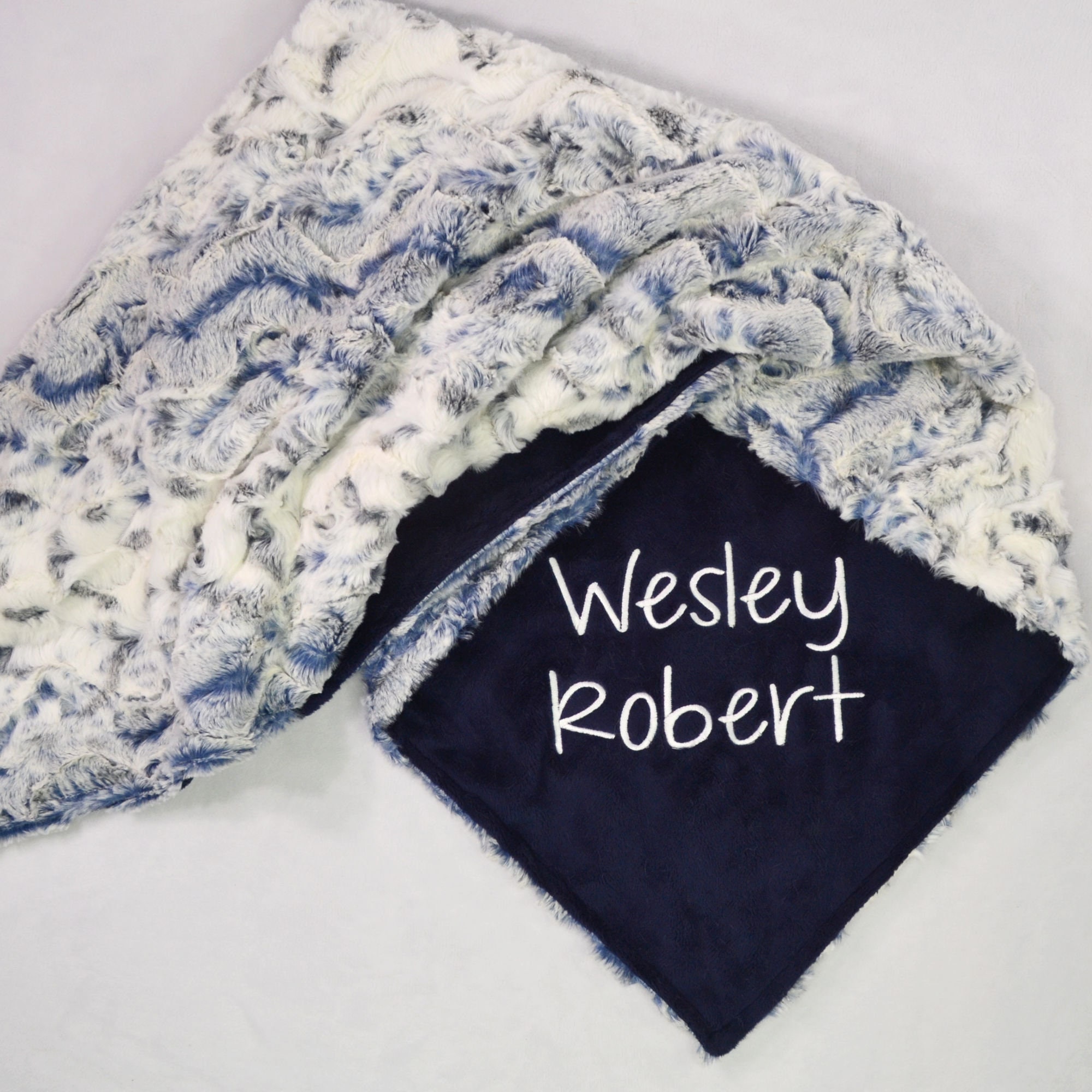 Navy Blue Snowy Owl Plush Minky Blanket, Personalized Blanket for Babies, Kids and Adults