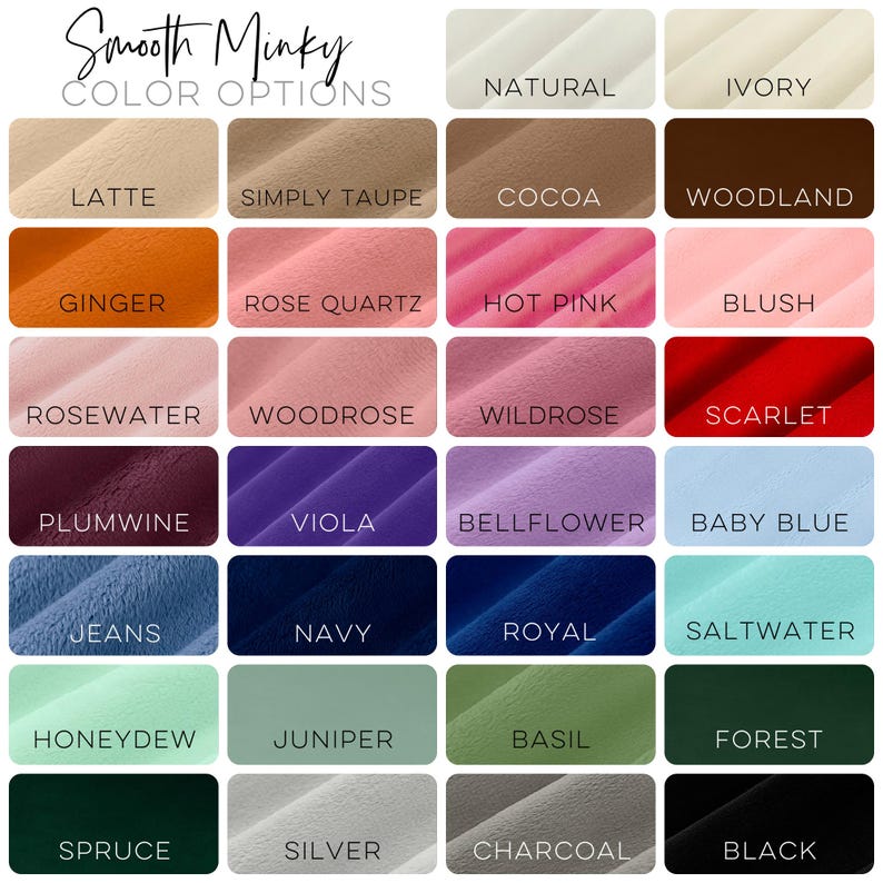 Peut inclure: Nuancier de 24 couleurs diff&eacute;rentes de tissu minky. Les couleurs sont dispos&eacute;es en quatre rang&eacute;es de six couleurs chacune. Les couleurs sont : Naturel, Ivoire, Latte, Taupe simple, Cacao, Bois, Gingembre, Quartz rose, Rose vif, Rouge, Eau de rose, Rose bois, Rose sauvage, &Eacute;carlate, Vin prune, Violette, Fleur de cloche, Bleu b&eacute;b&eacute;, Jeans, Marine, Royal, Eau de mer, Melon, Gen&eacute;vrier, Basilic, For&ecirc;t, &Eacute;pinette, Argent, Charbon, et Noir.