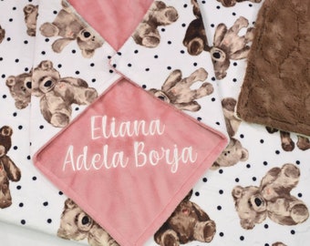 Teddy Bear Minky Baby Blanket, Personalized Baby Blanket, Teddy Bear Minky Blanket, Embroidered Blanket, Baby Girl Blanket