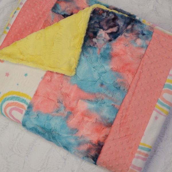 IN STOCK Rainbow Minky Strip Blanket, Large Tie Dye Rainbow Minky Blanket, Ready to Ship 60x72 Minky Blanket