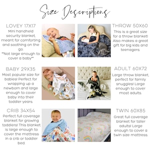 May include: A chart showing different sizes of blankets with descriptions of each size. The chart includes a lovey, baby, crib, throw, adult, and twin size blanket. Each size is shown with a child or adult holding the blanket.