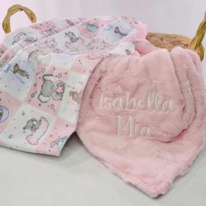 Baby Girl Elephant Minky Blanket, Pink Sweet Dreams Blanket, Personalized Patchwork Keepsake