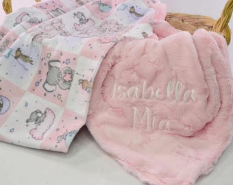 Baby Girl Elephant Minky Blanket, Pink Sweet Dreams Blanket, Personalized Patchwork Keepsake