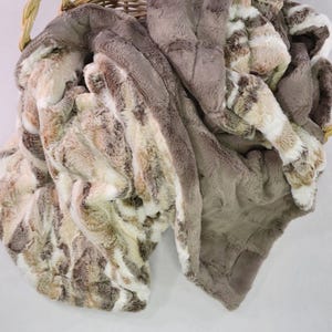 May include: A soft, plush throw blanket with a faux fur texture. The blanket is a mix of brown, beige, and white colours with a striped pattern.