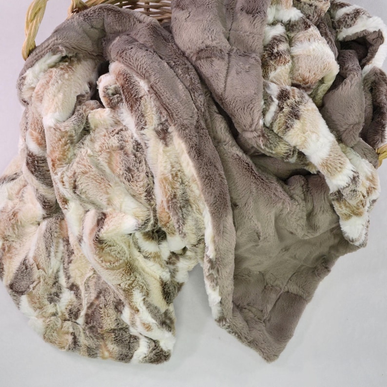 May include: A soft, plush throw blanket with a faux fur texture. The blanket is a mix of brown, beige, and white colours with a striped pattern.