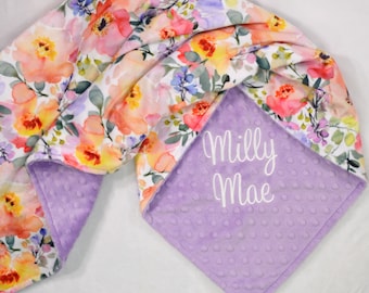 Personalized Floral Minky Baby Blanket, Watercolor Floral Minky Blanket